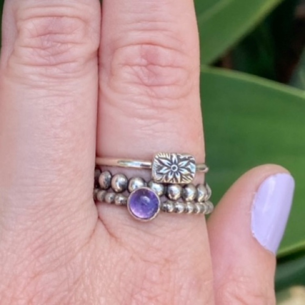 Artisan handmade Amethyst and flower stack ring set